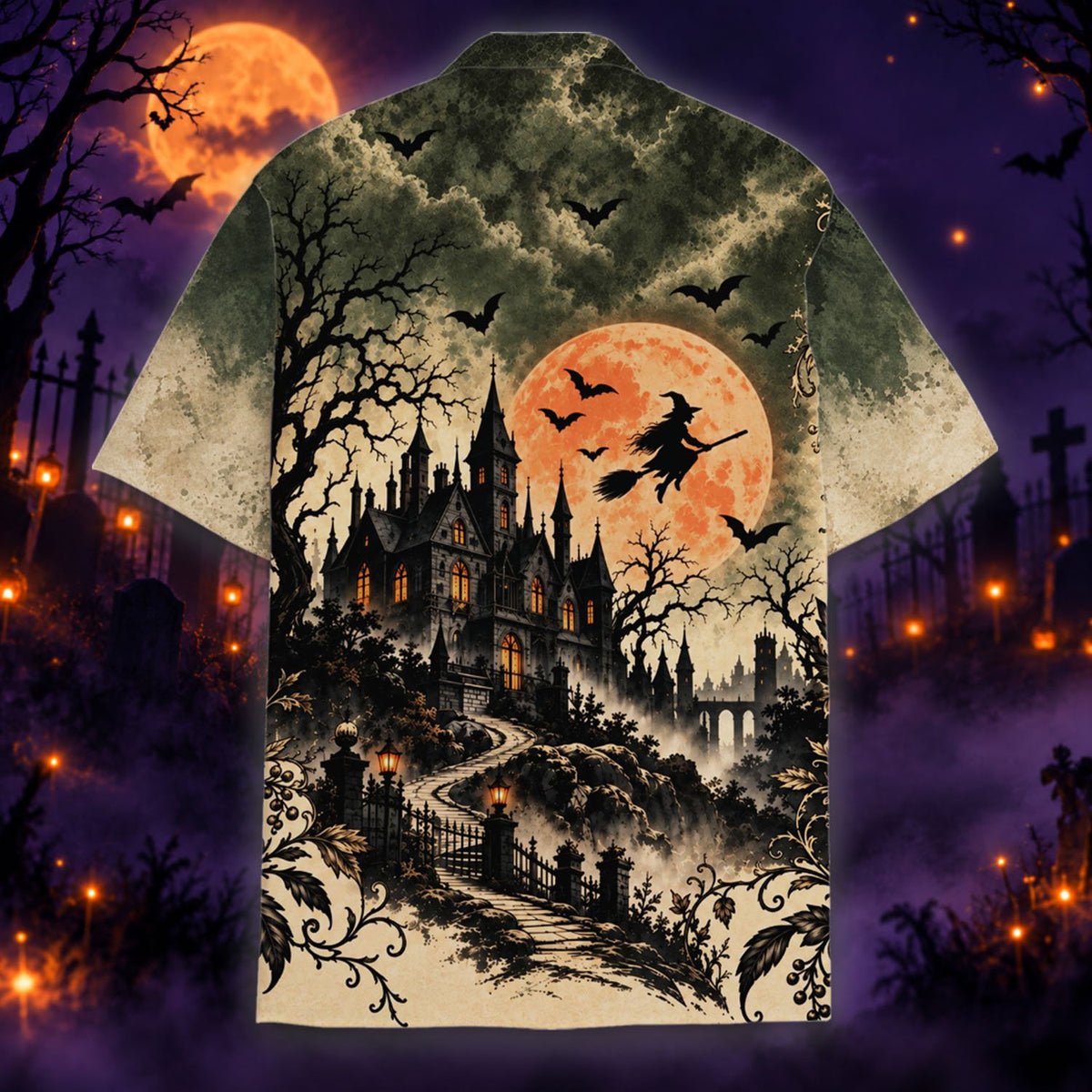 Detailed back view of the spooky holiday shirt design