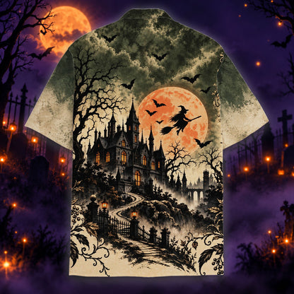 Detailed back view of the spooky holiday shirt design