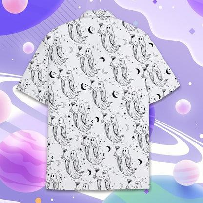 Third back view of the white and black halloween hawaiian shirt