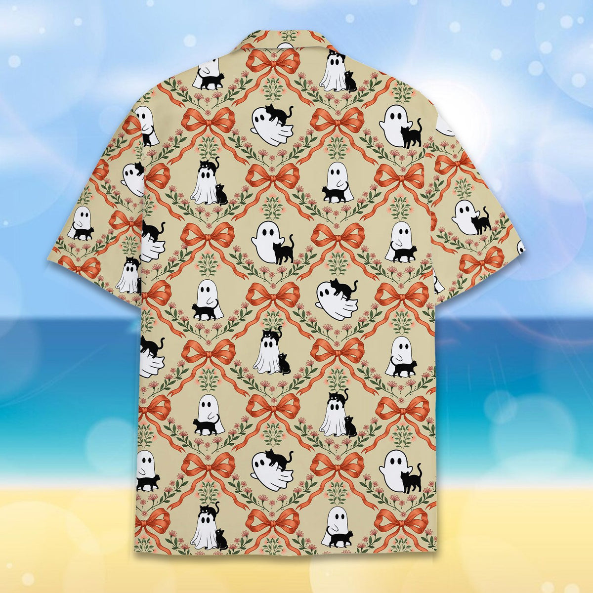 Halloween hawaiian shirt with ghosts and black cats on beige background, detailed back view