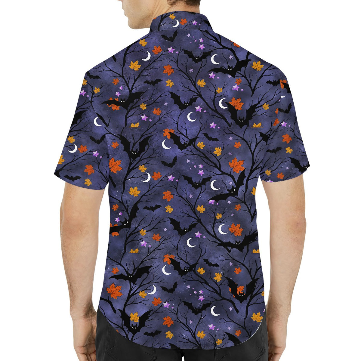 Matching family halloween hawaiian shirt featuring bats, moons, and bare trees on a purple background, back view close-up