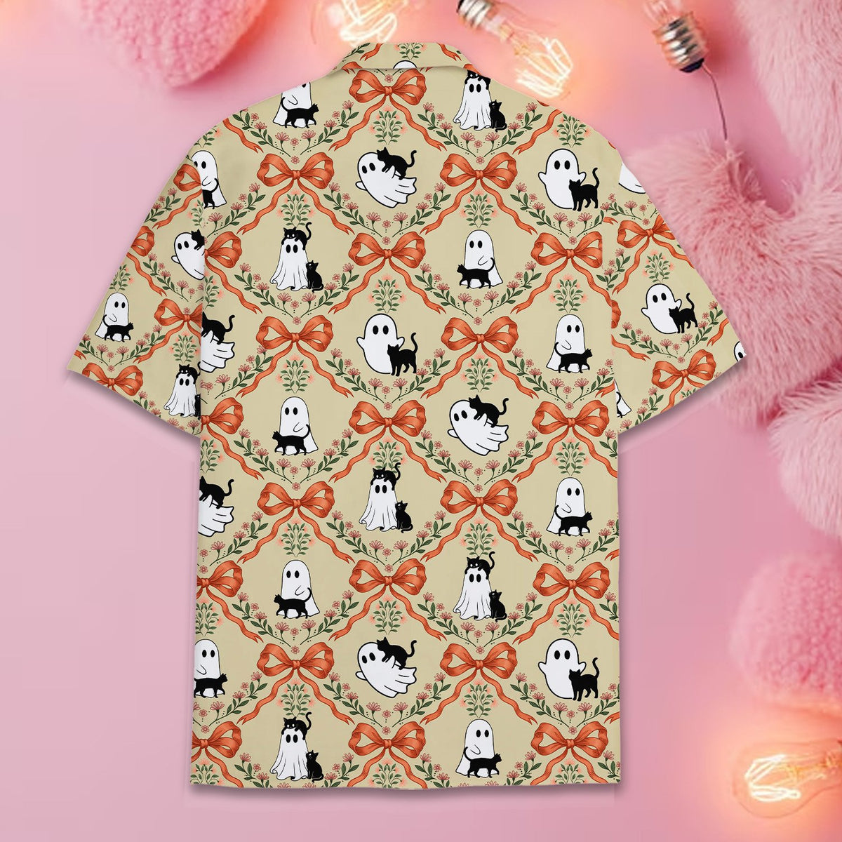 Halloween hawaiian shirt with ghosts and black cats on beige background, additional back view