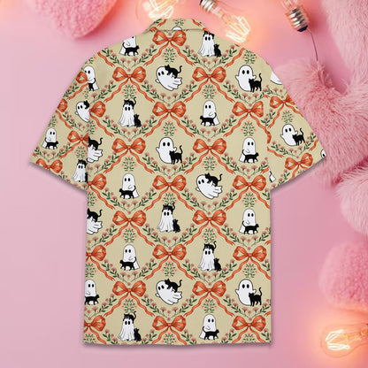Halloween hawaiian shirt with ghosts and black cats on beige background, additional back view