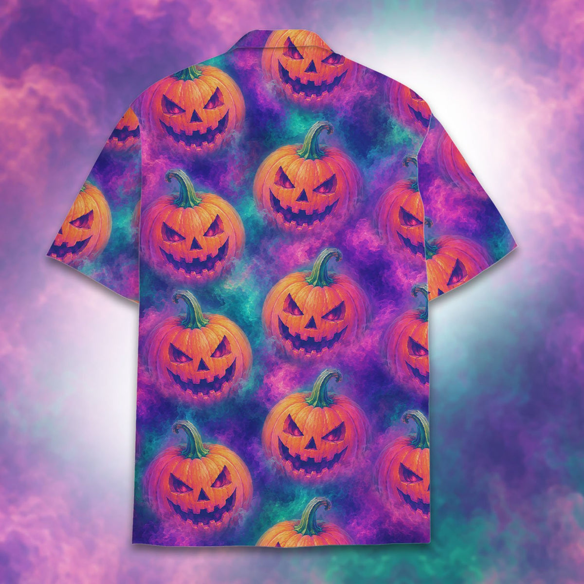 Back view of the matching family hawaiian shirts in halloween theme