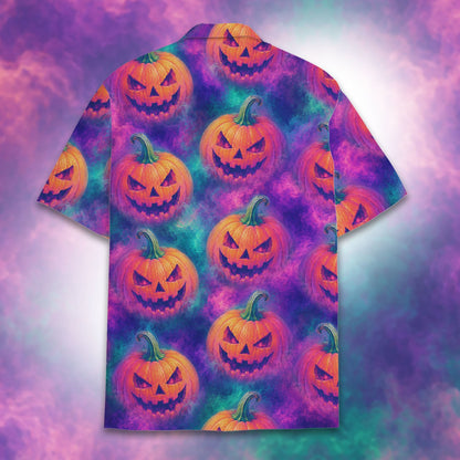 Back view of the matching family hawaiian shirts in halloween theme