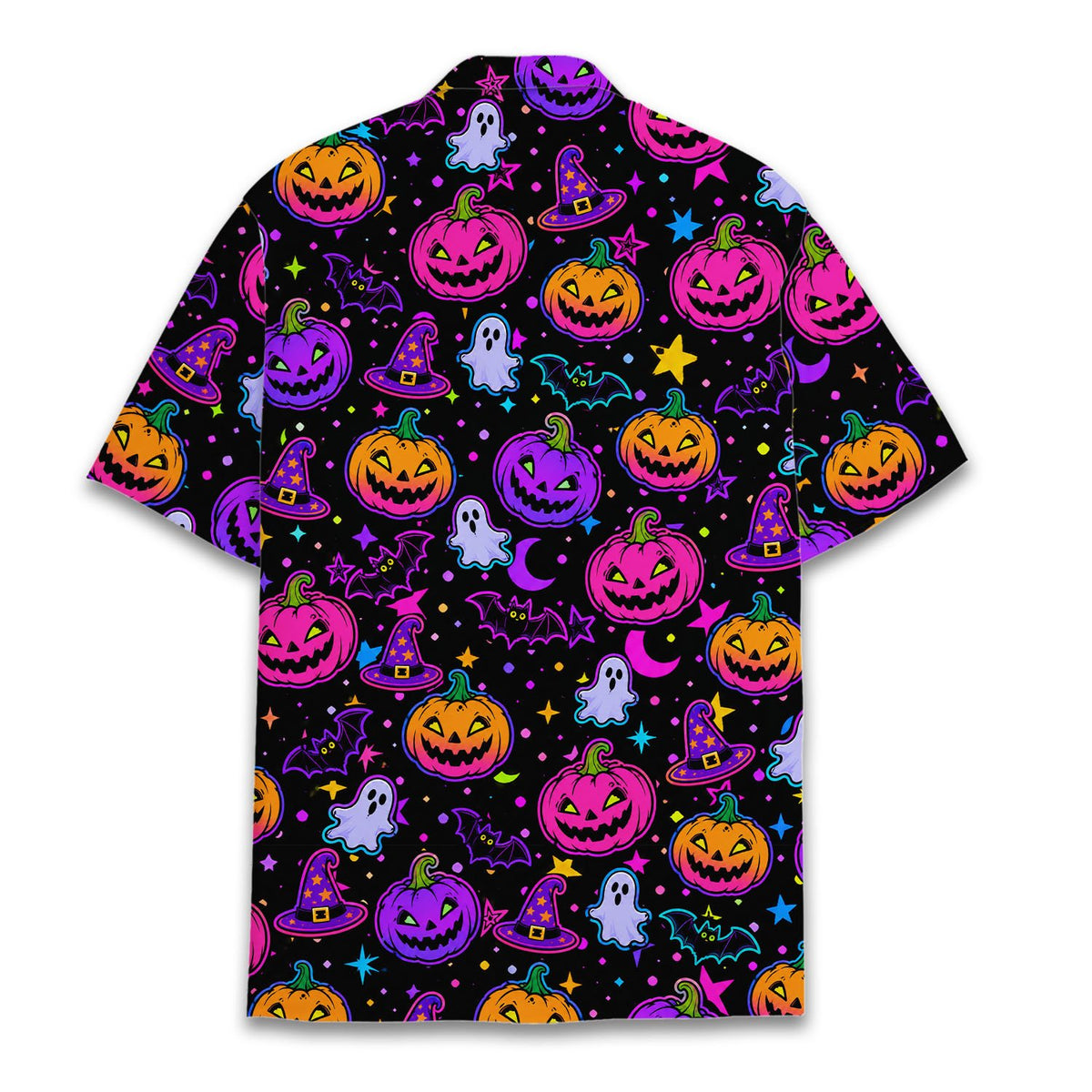 Back view of the matching family Halloween hawaiian shirt with repeating spooky pattern