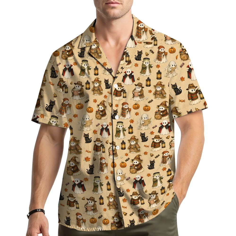 Back view of the halloween hawaiian shirt displaying the all-over autumn print
