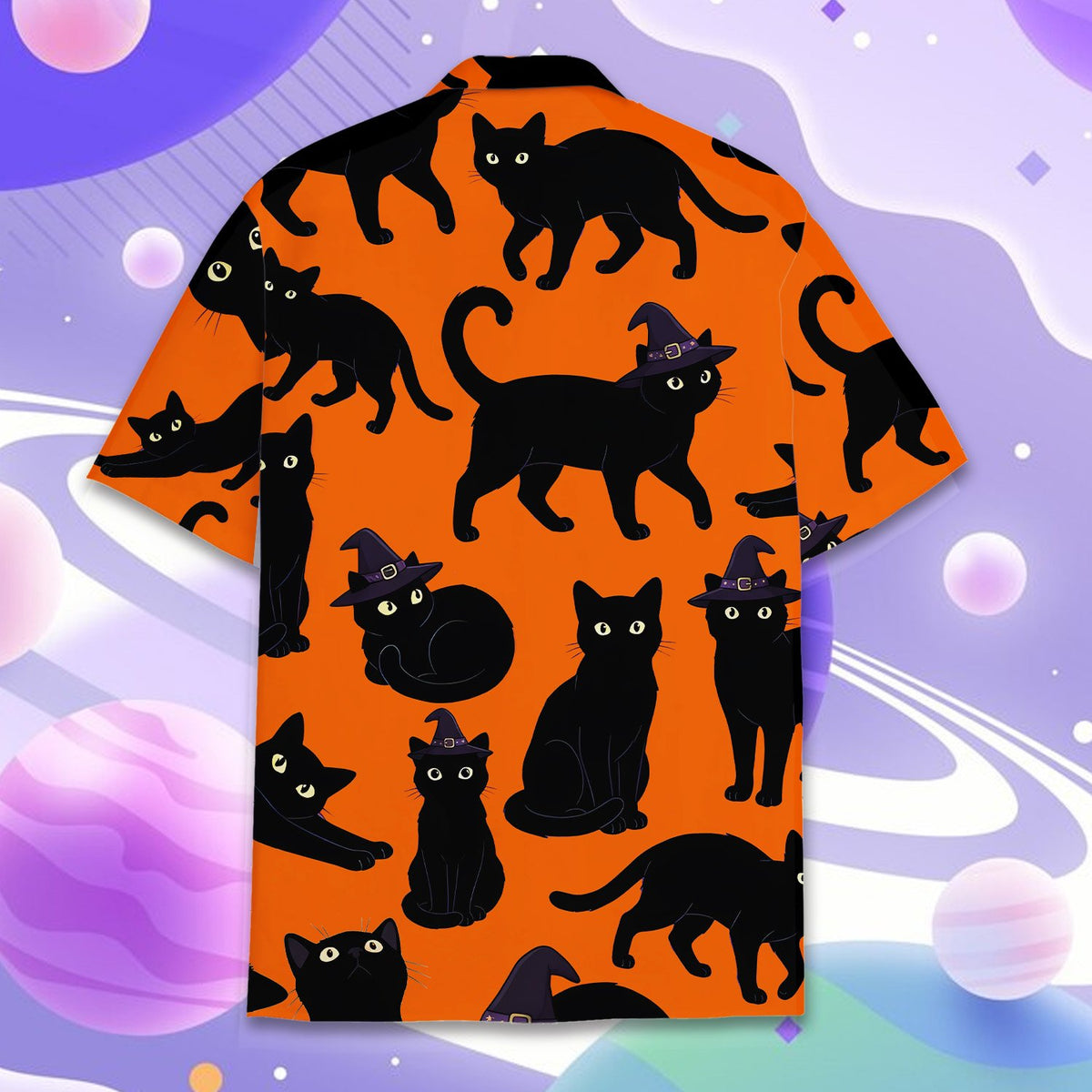 Back view of the matching family halloween hawaiian shirt with black cats on an orange background