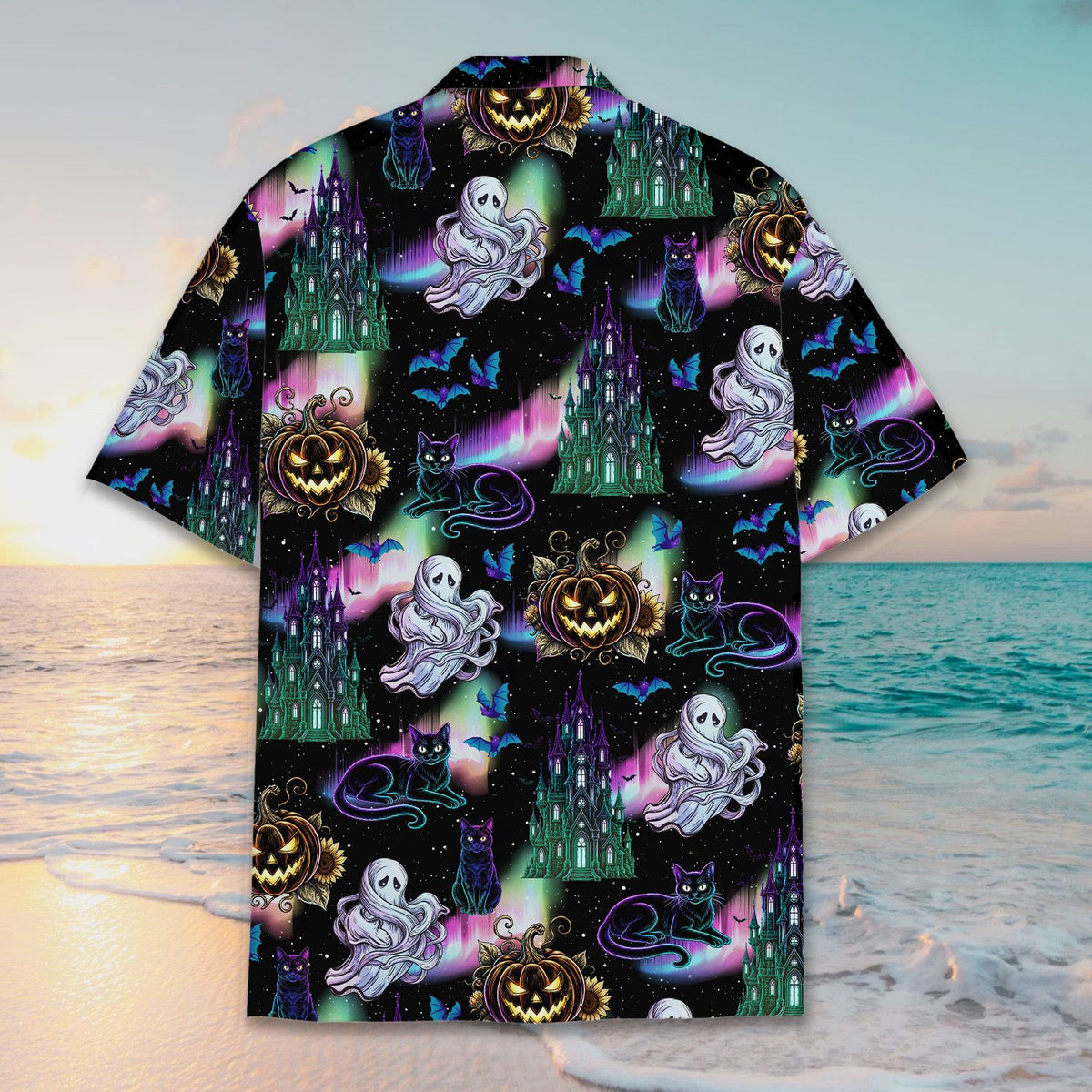 Back view of the halloween hawaiian shirt with spooky night sky print