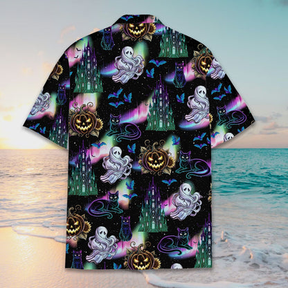 Back view of the halloween hawaiian shirt with spooky night sky print