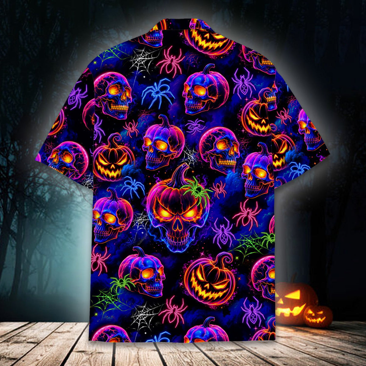 Back view of the halloween hawaiian shirt with neon cosmic design