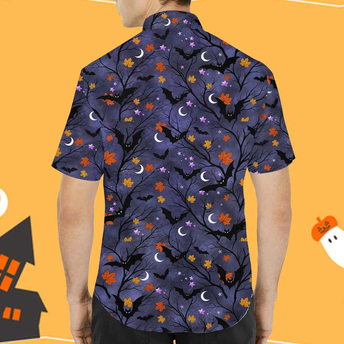 Matching family halloween hawaiian shirt featuring bats, moons, and bare trees on a purple background, back view