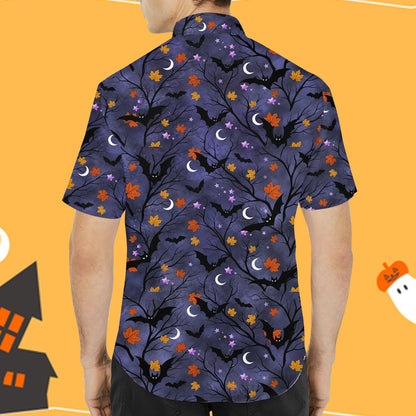 Matching family halloween hawaiian shirt featuring bats, moons, and bare trees on a purple background, back view