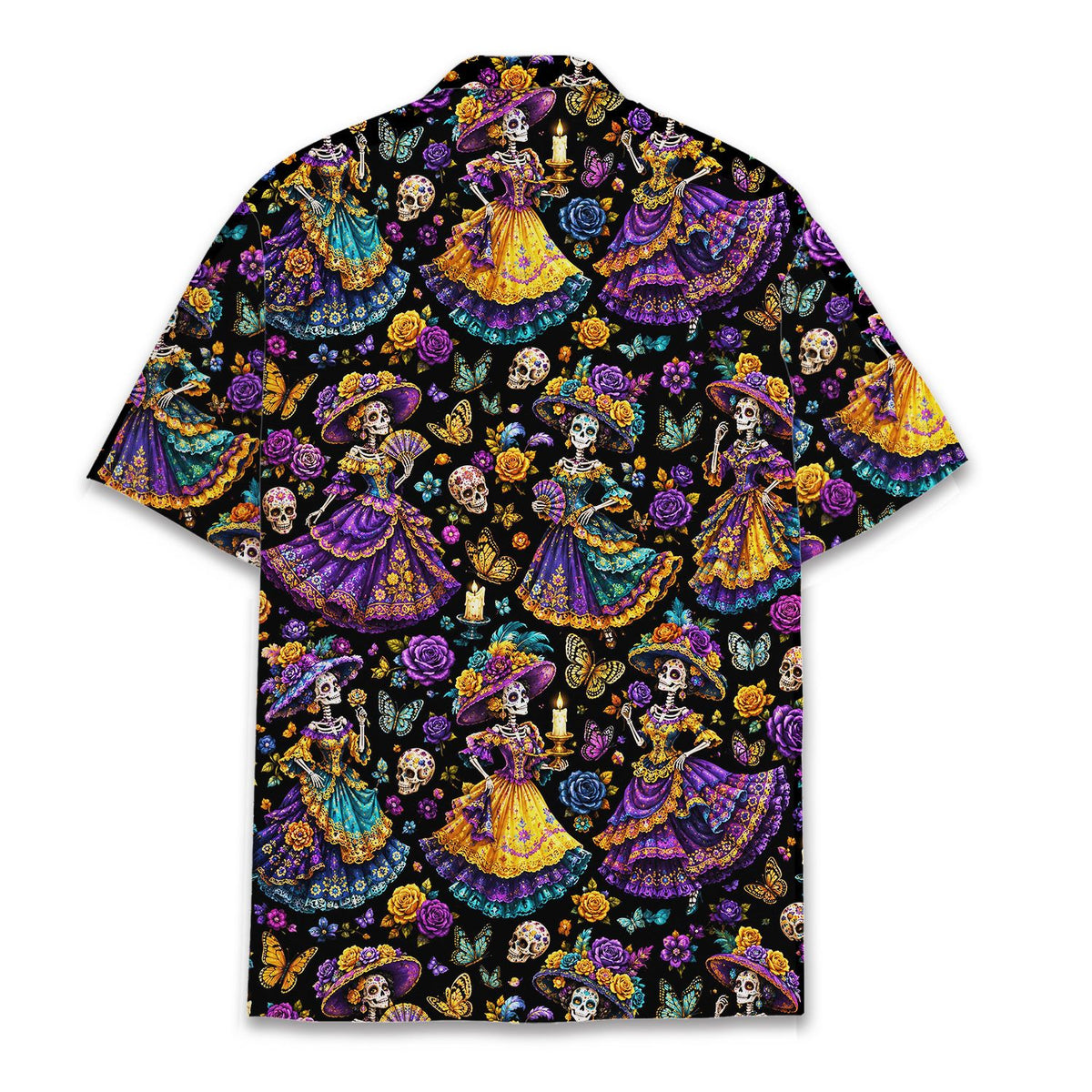 Back view of the Halloween hawaiian shirt featuring Victorian skeletons