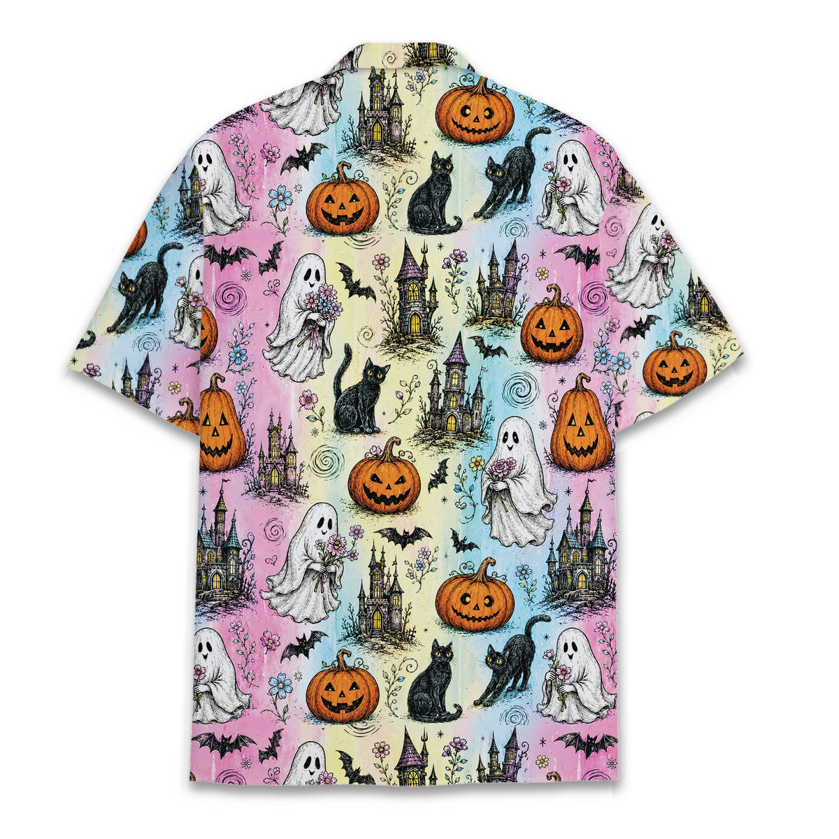 Back view of the matching family hawaiian shirts in pastel halloween design
