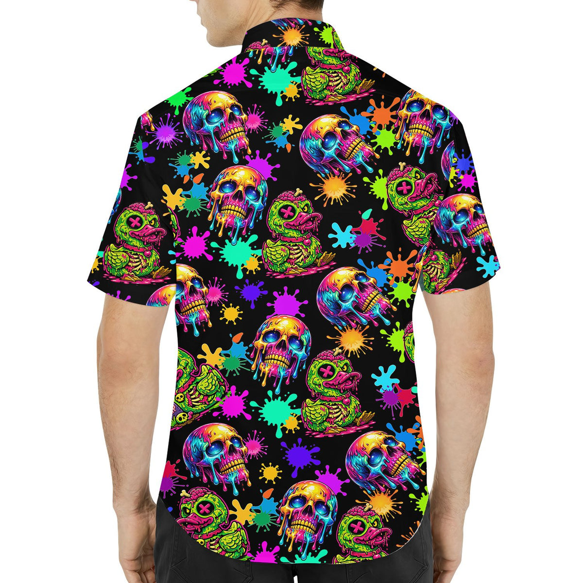 Back view of the vibrant matching family halloween hawaiian shirt