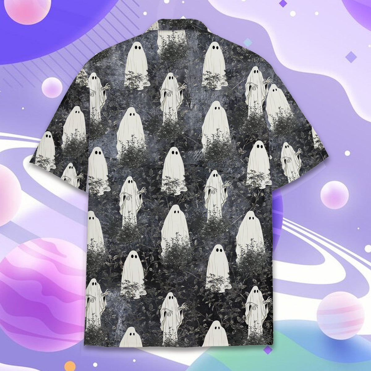 Back view of the halloween hawaiian shirt showing the continuous ghost pattern