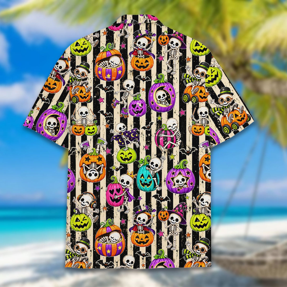 Back view of the striped halloween hawaiian shirt