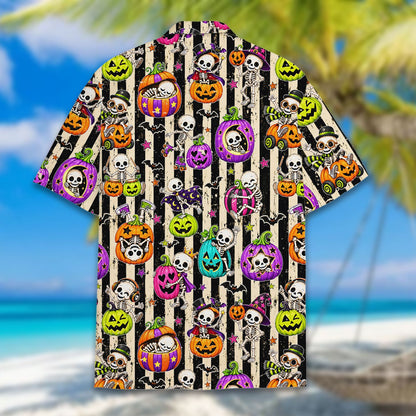 Back view of the striped halloween hawaiian shirt