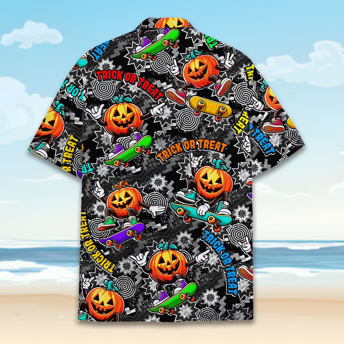Back view of the matching family hawaiian shirt featuring comic style skateboard jack-o-lanterns