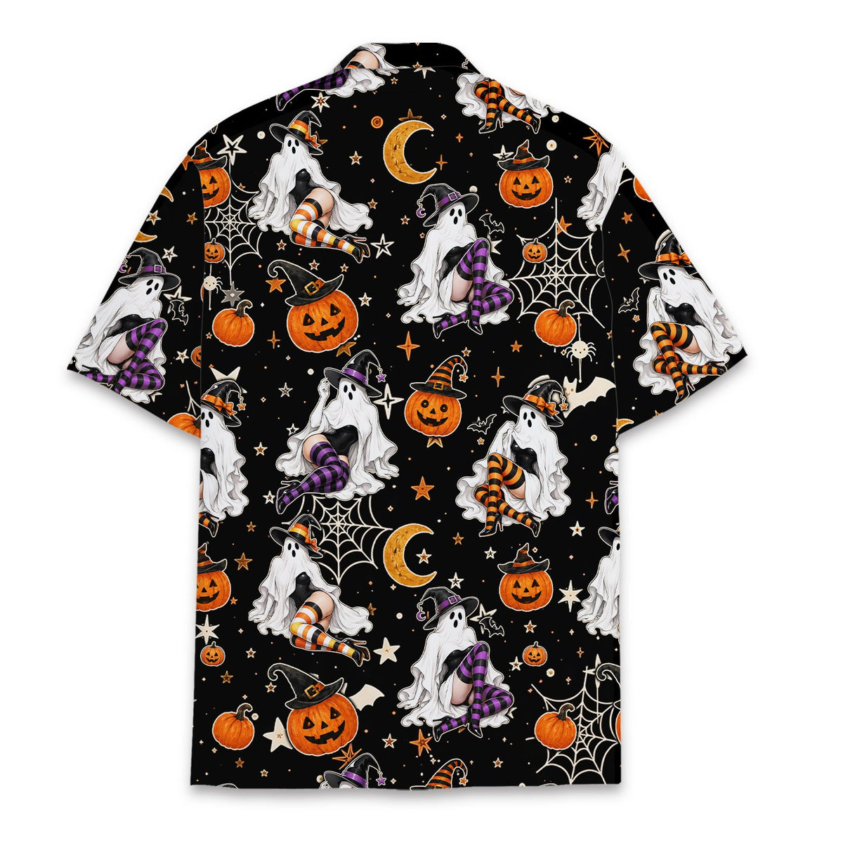 Halloween hawaiian shirt with ghost and pumpkin pattern, back view