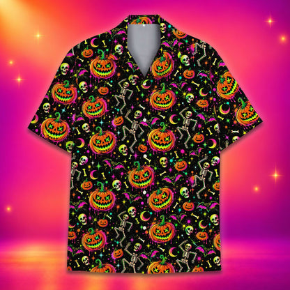 Back view of the matching family hawaiian shirt featuring the festive neon print