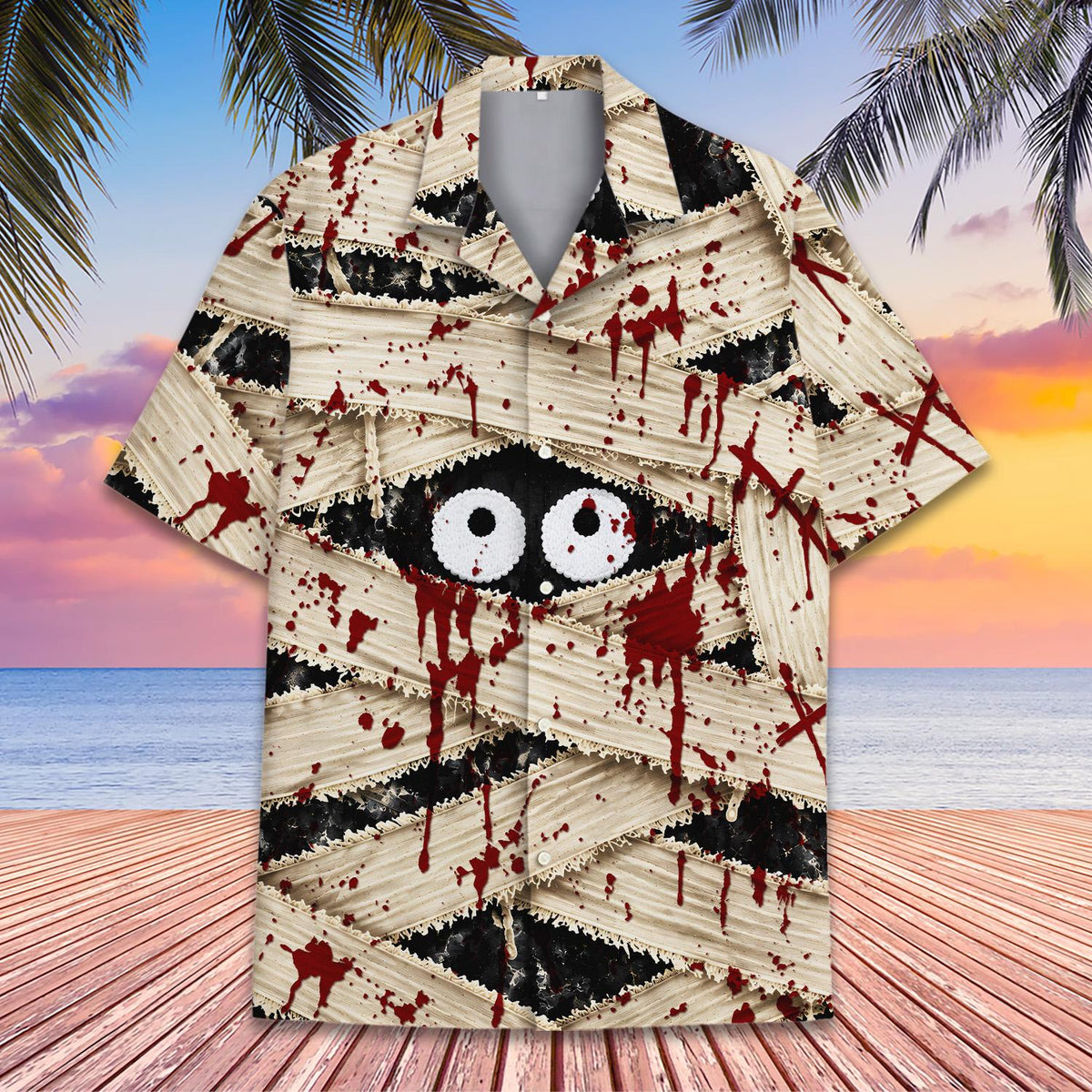 Back view of the blood splattered mummy hawaiian shirt