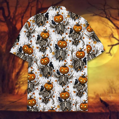 Back view of the holiday hawaiian shirt with autumn leaves and skeletons
