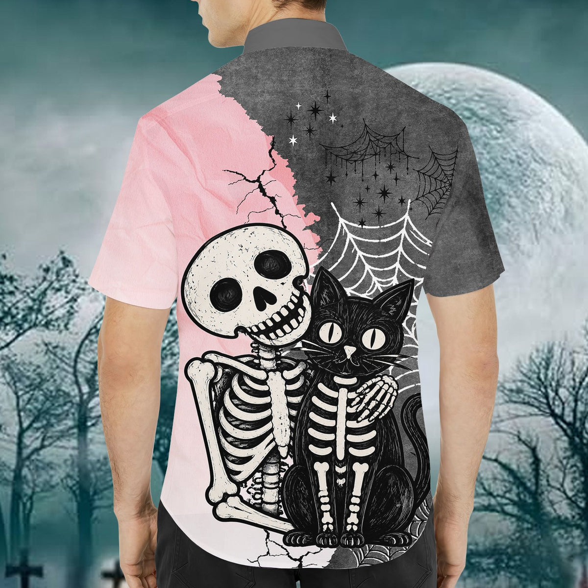 Back view of the pink and gray halloween hawaiian shirt