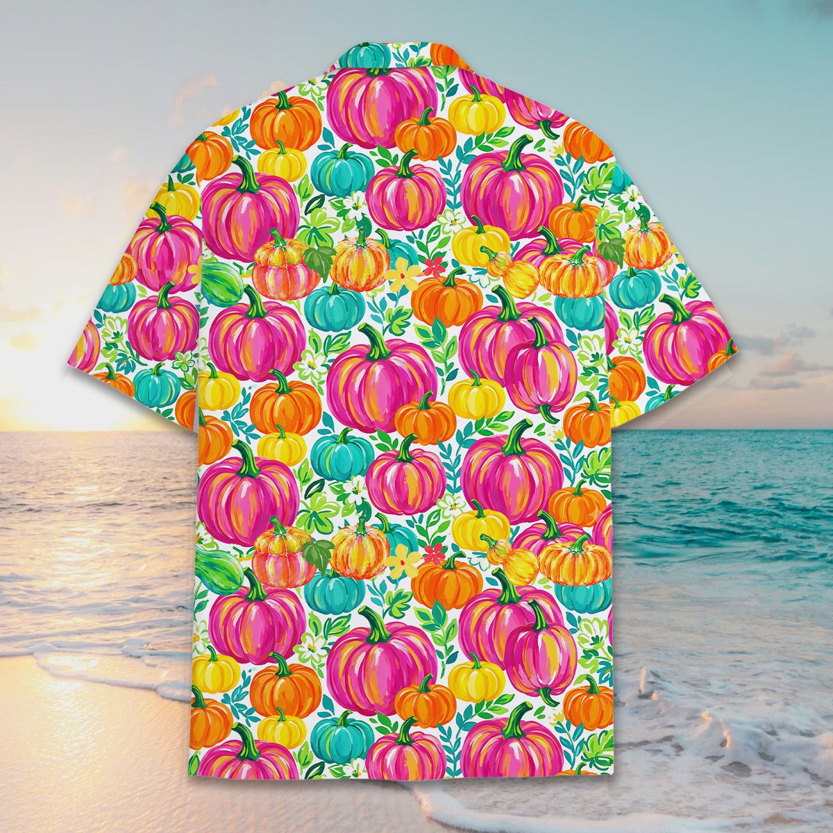 Matching family hawaiian shirts Halloween pumpkin design, back view