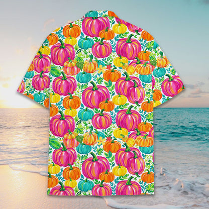 Matching family hawaiian shirts Halloween pumpkin design, back view