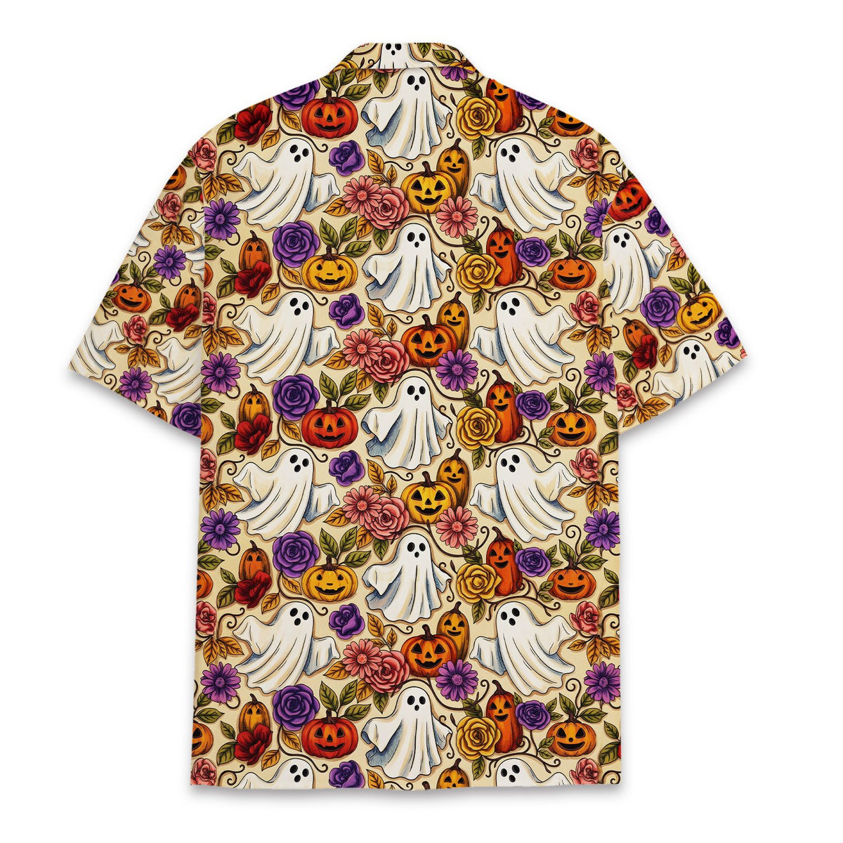 Back view of the pale yellow Halloween Hawaiian shirt