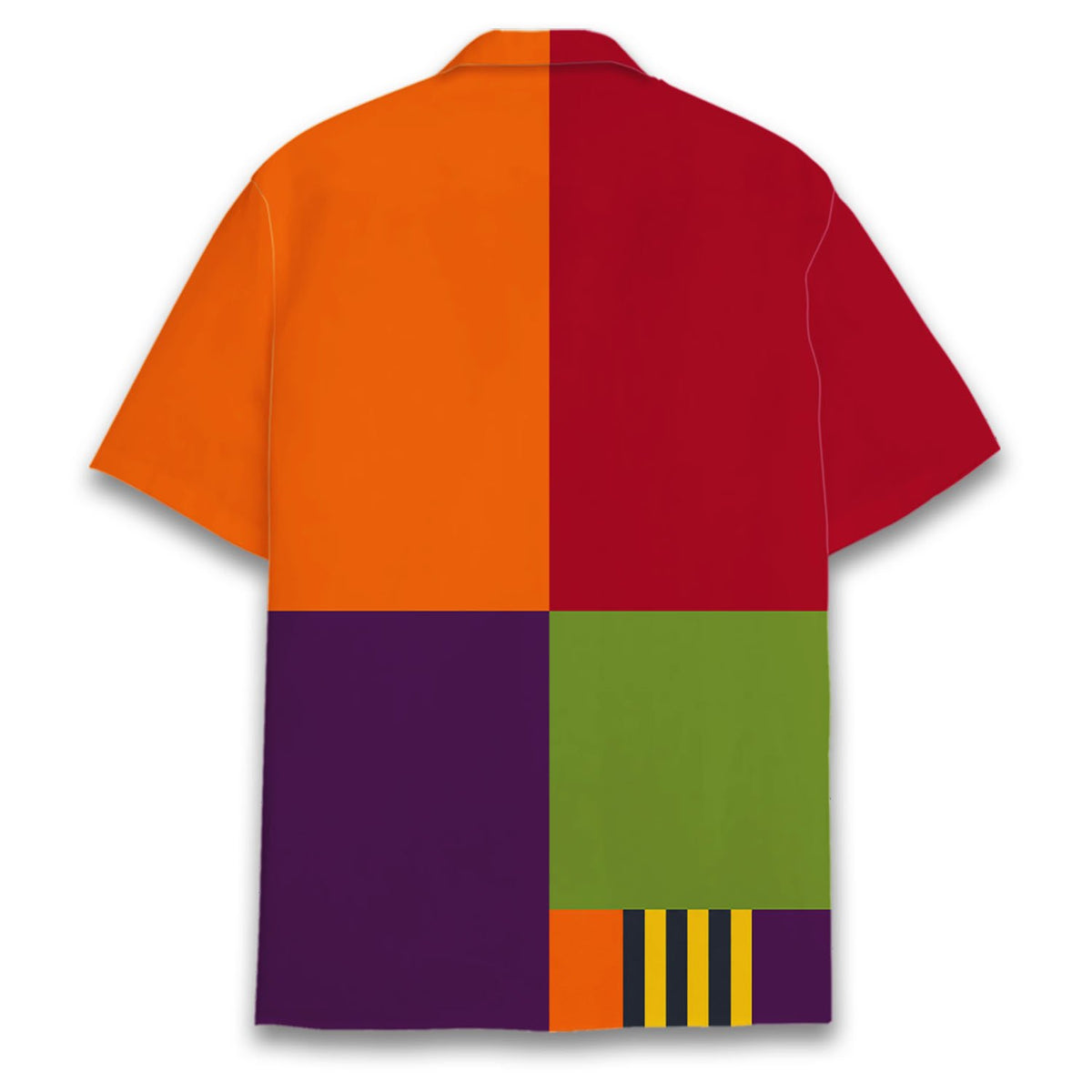 Back view of halloween hawaiian shirt featuring four solid color blocks