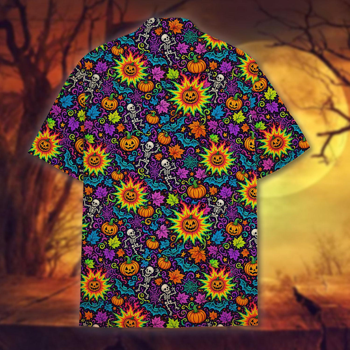 Back view of the multicolor Halloween Hawaiian shirt showing the all-over psychedelic print