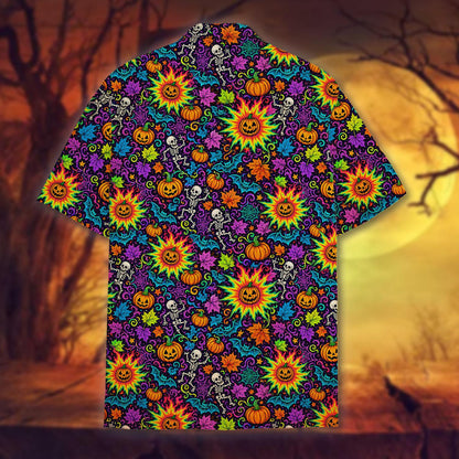 Back view of the multicolor Halloween Hawaiian shirt showing the all-over psychedelic print