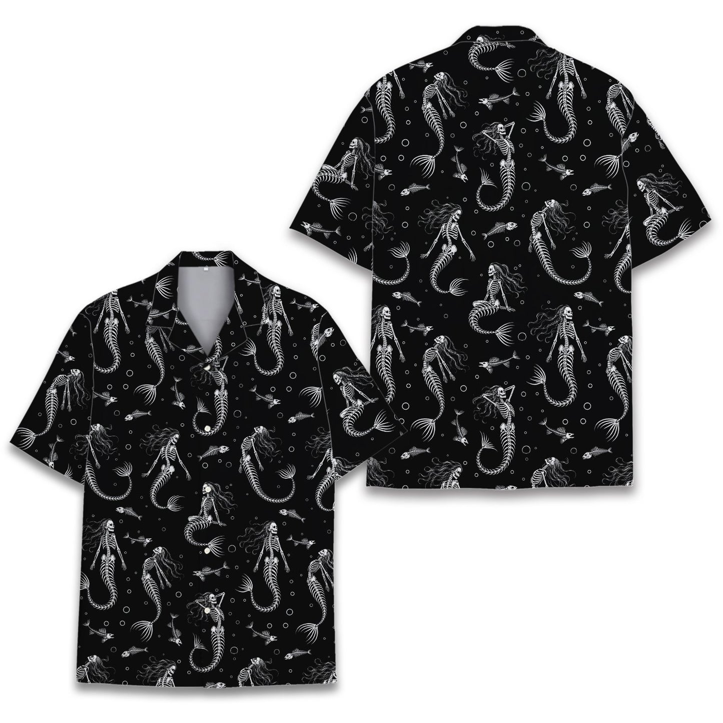 Back view of the halloween hawaiian shirt showing mermaid skeleton print