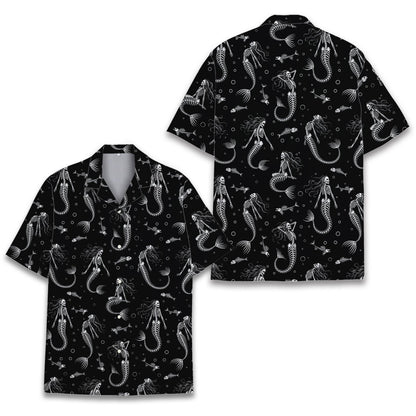 Back view of the halloween hawaiian shirt showing mermaid skeleton print