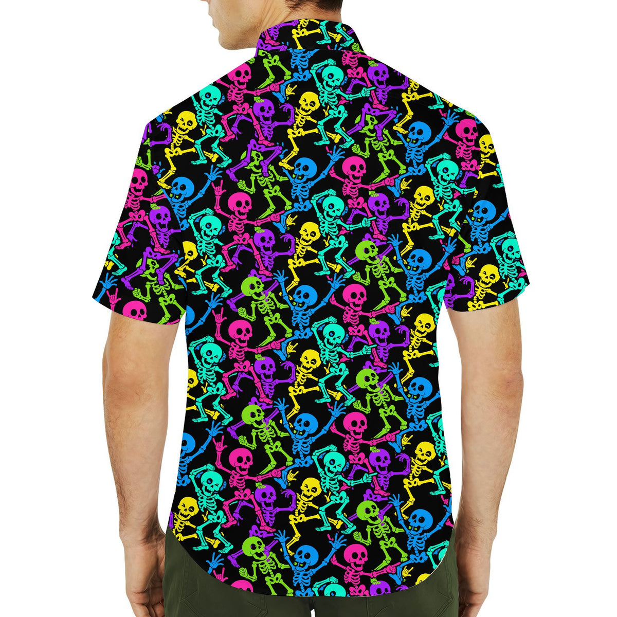 Back view of the black Halloween Hawaiian shirt with neon skeletons