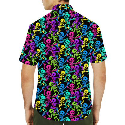Back view of the black Halloween Hawaiian shirt with neon skeletons