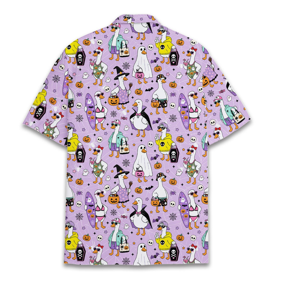 Back view of the halloween hawaiian shirt displaying the full duck pattern
