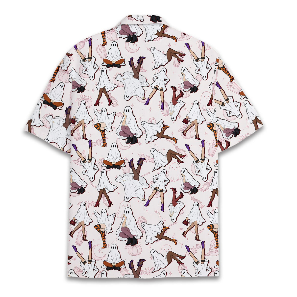 Back view of the matching family hawaiian shirt with ghost and bat design
