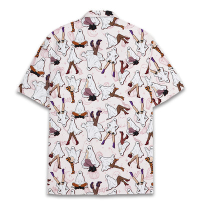 Back view of the matching family hawaiian shirt with ghost and bat design
