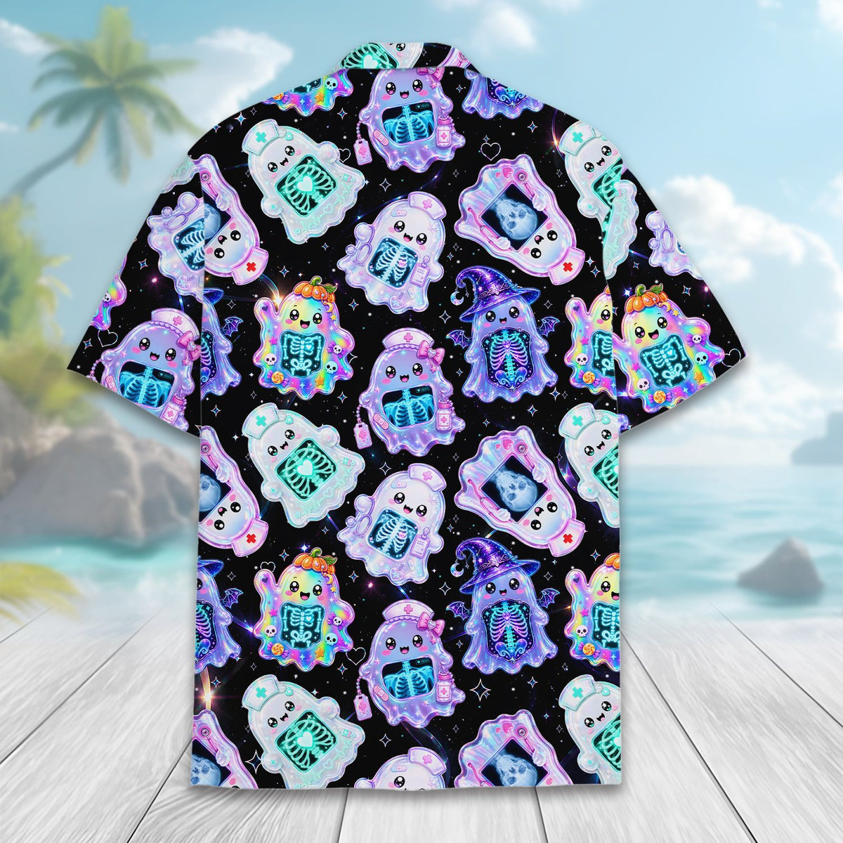 Back view of the black halloween hawaiian shirt displaying the repeating ghost pattern