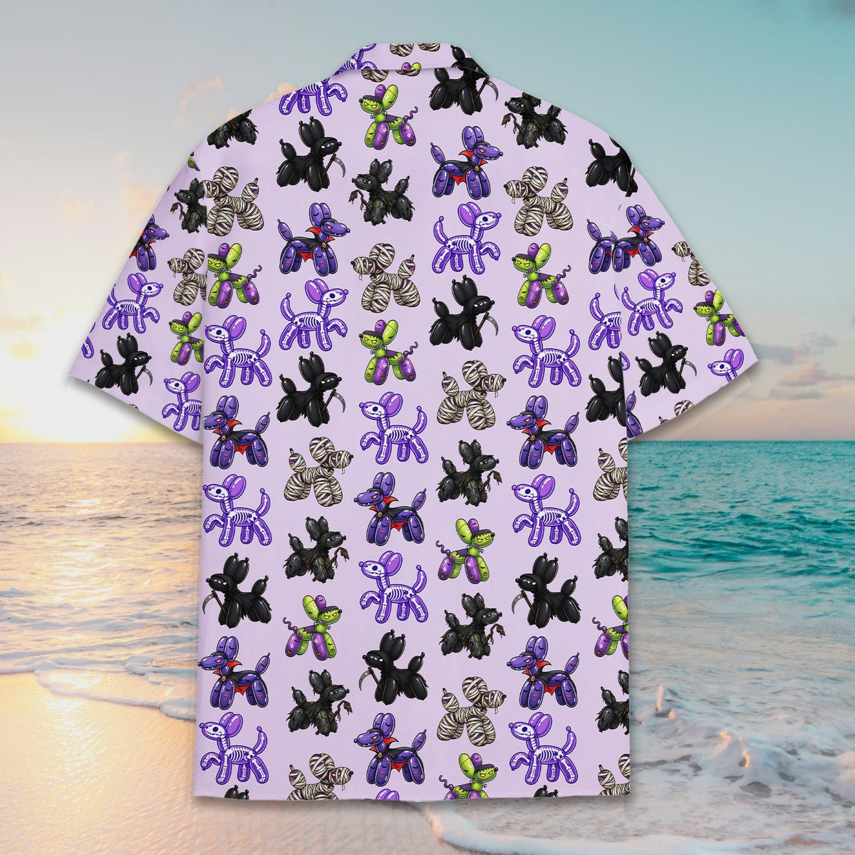 Light purple Halloween hawaiian shirt with balloon dog costumes pattern back view