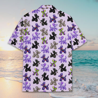 Light purple Halloween hawaiian shirt with balloon dog costumes pattern back view