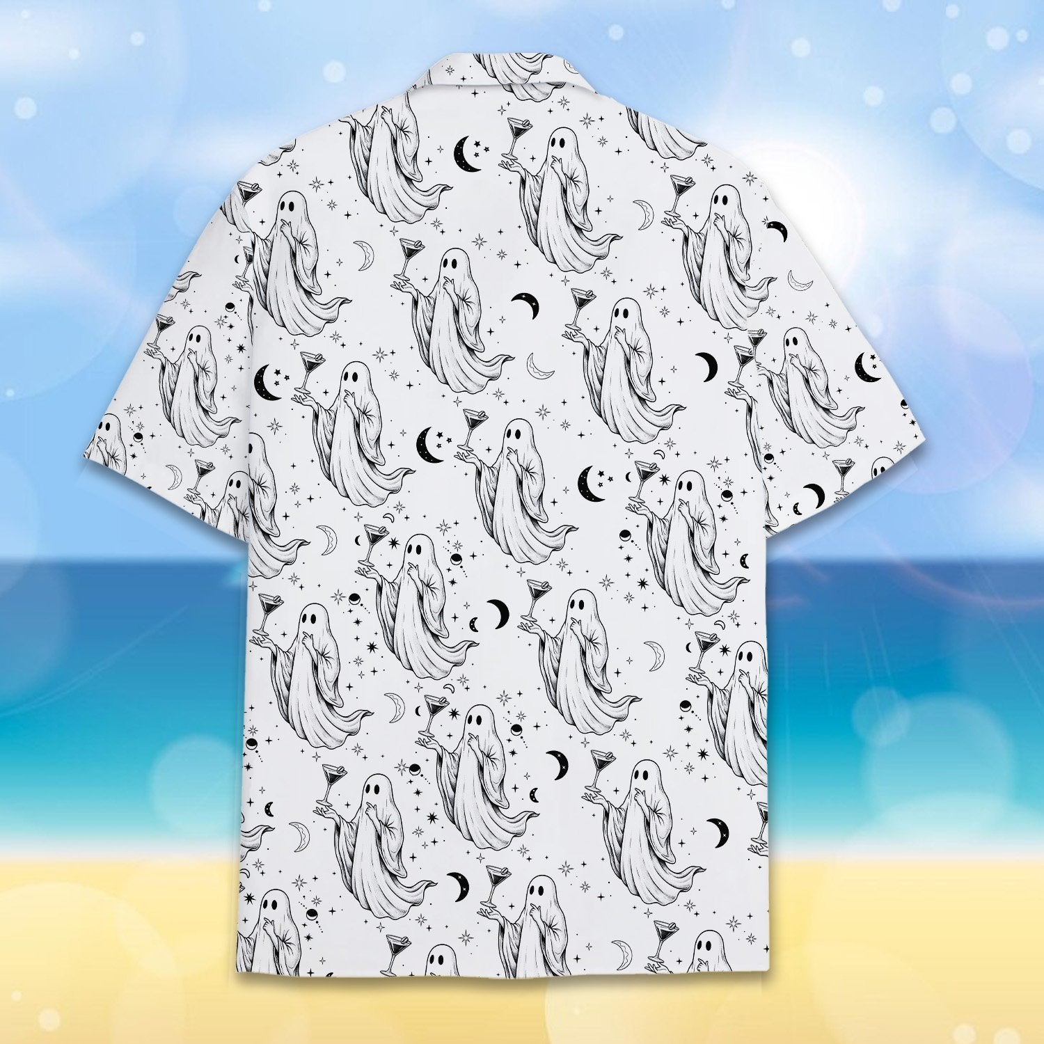 Back view of the matching family hawaiian shirt with ghost and moon pattern