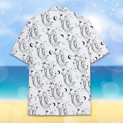 Back view of the matching family hawaiian shirt with ghost and moon pattern
