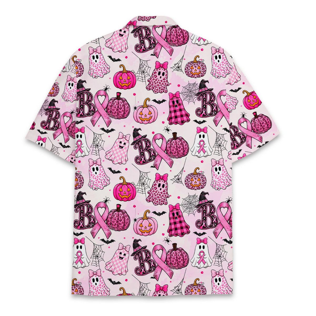 Back view of the pink halloween hawaiian shirt