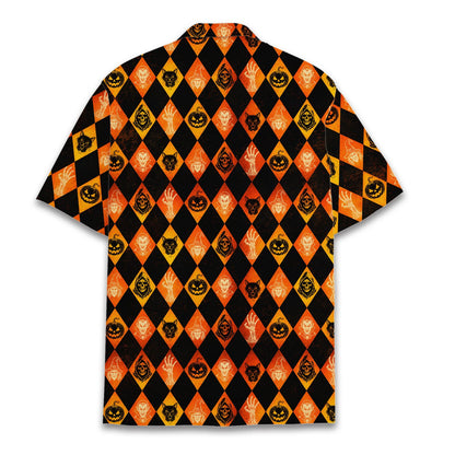 Back view of the black and orange Halloween hawaiian shirt