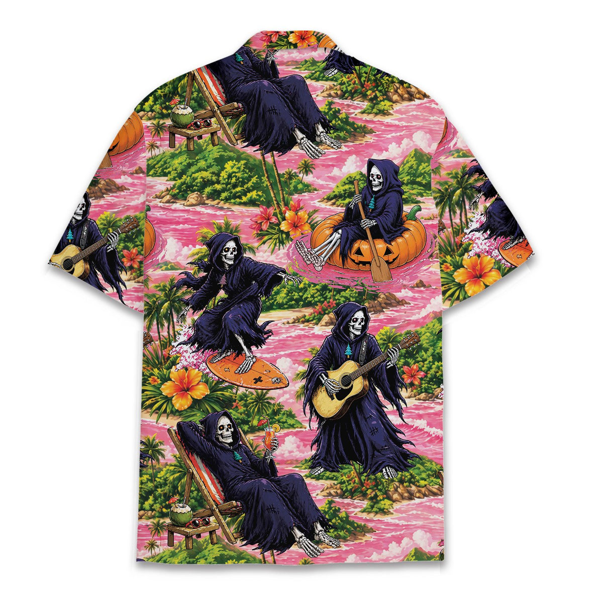 Back view of the tropical grim reaper halloween hawaiian shirt